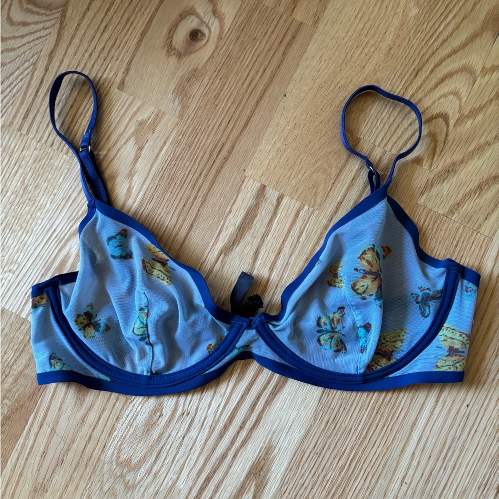 Out From Under Mesh Blue Butterfly Print Bra